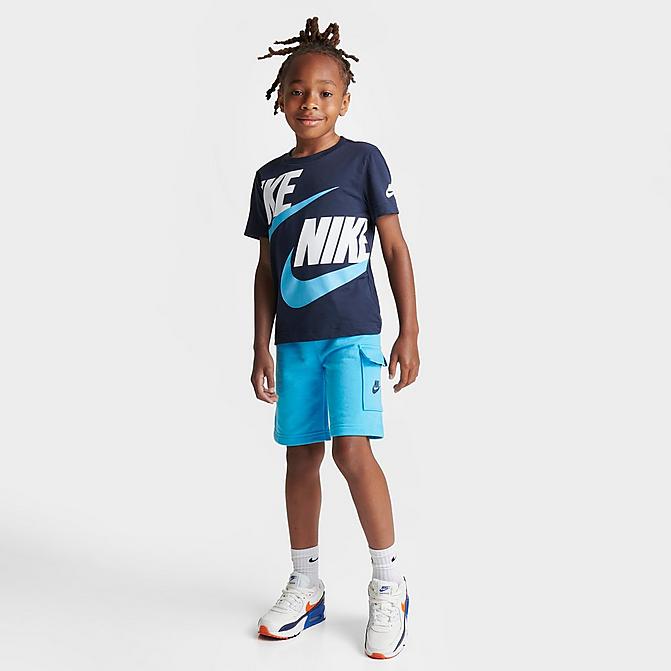Front view of Boys' Little Kids' Nike HBR T-Shirt and French Terry Cargo Shorts Set in Baltic Blue/Mid Navy Click to zoom