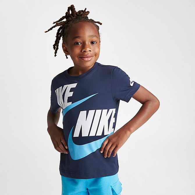 Back Left view of Boys' Little Kids' Nike HBR T-Shirt and French Terry Cargo Shorts Set in Baltic Blue/Mid Navy Click to zoom