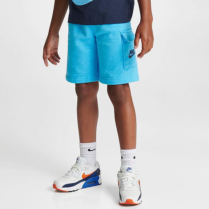 Back Right view of Boys' Little Kids' Nike HBR T-Shirt and French Terry Cargo Shorts Set in Baltic Blue/Mid Navy Click to zoom