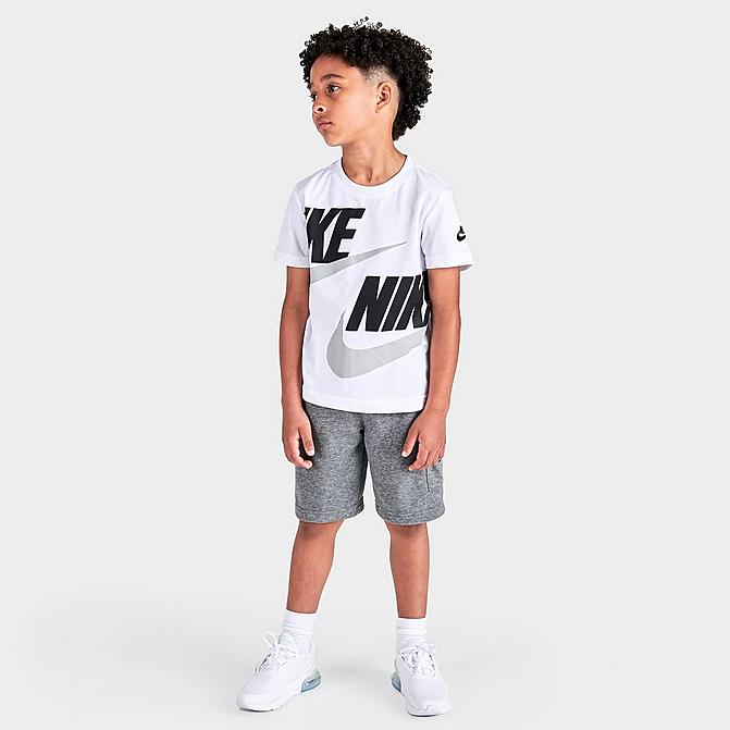 Front view of Boys' Little Kids' Nike HBR T-Shirt and French Terry Cargo Shorts Set in White/Carbon Heather Click to zoom