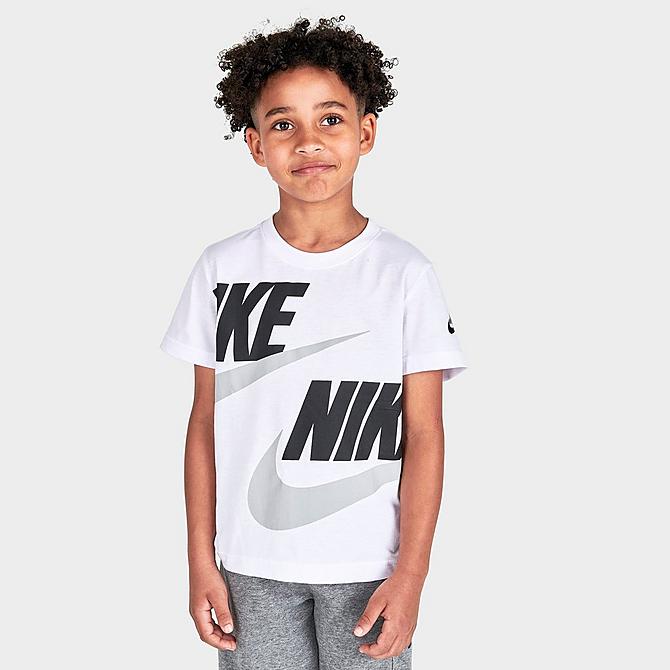 Front Three Quarter view of Boys' Little Kids' Nike HBR T-Shirt and French Terry Cargo Shorts Set in White/Carbon Heather Click to zoom