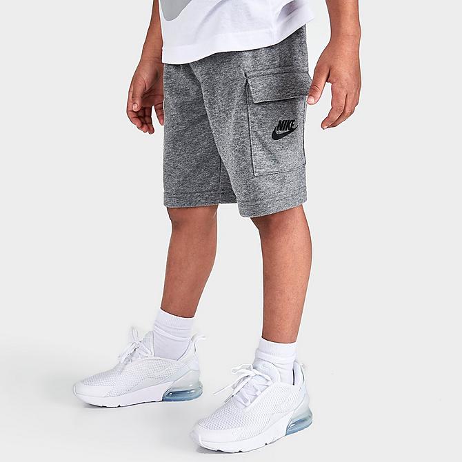 Back Left view of Boys' Little Kids' Nike HBR T-Shirt and French Terry Cargo Shorts Set in White/Carbon Heather Click to zoom
