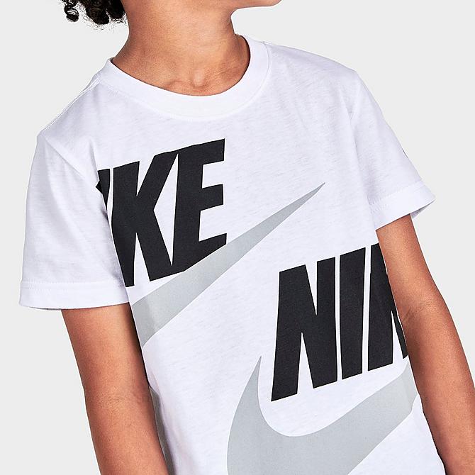 Back Right view of Boys' Little Kids' Nike HBR T-Shirt and French Terry Cargo Shorts Set in White/Carbon Heather Click to zoom