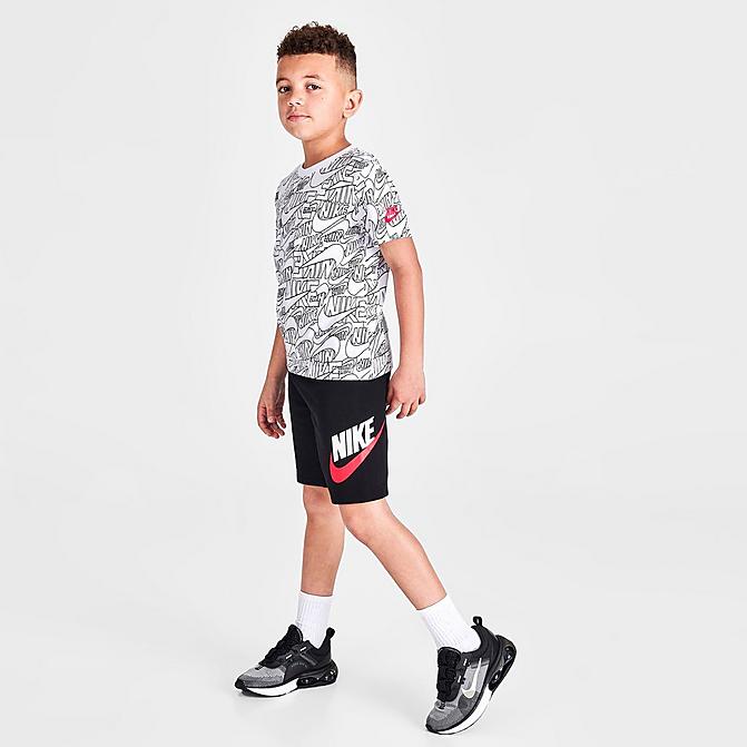 Front view of Boys' Little Kids' Nike Read Allover Print T-Shirt and Shorts Set in Black/White/Siren Red Click to zoom
