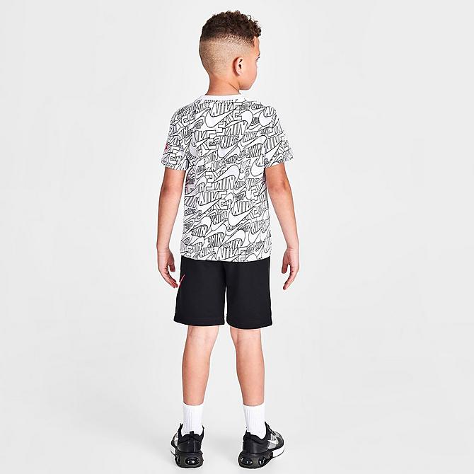 Front Three Quarter view of Boys' Little Kids' Nike Read Allover Print T-Shirt and Shorts Set in Black/White/Siren Red Click to zoom