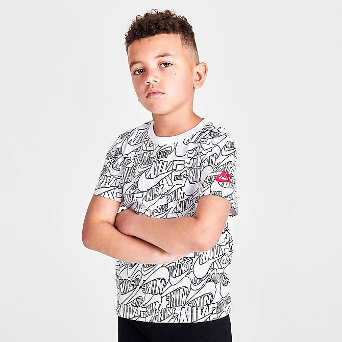 Back Left view of Boys' Little Kids' Nike Read Allover Print T-Shirt and Shorts Set in Black/White/Siren Red Click to zoom