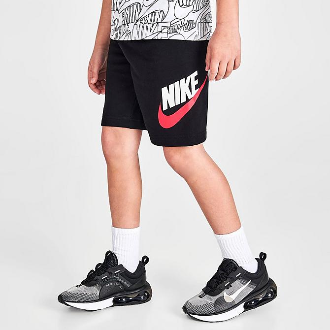 Back Right view of Boys' Little Kids' Nike Read Allover Print T-Shirt and Shorts Set in Black/White/Siren Red Click to zoom