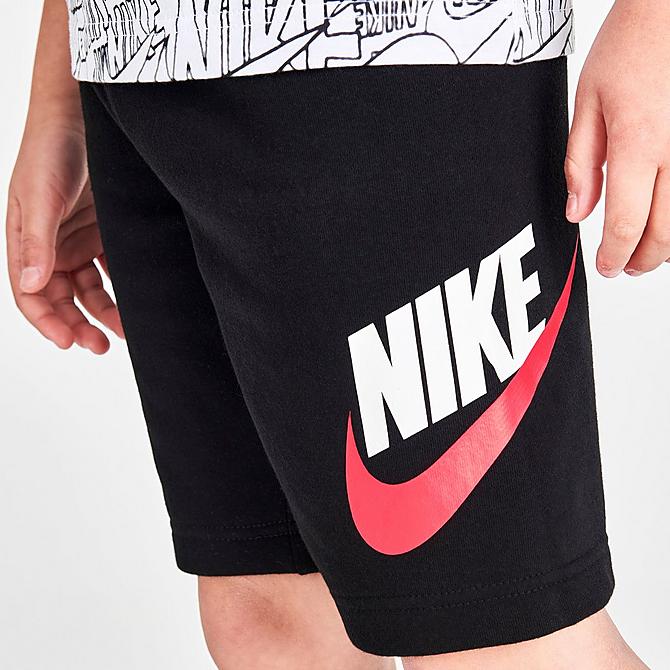 On Model 6 view of Boys' Little Kids' Nike Read Allover Print T-Shirt and Shorts Set in Black/White/Siren Red Click to zoom