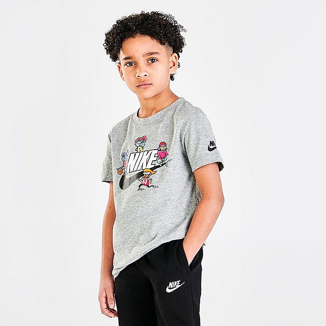 Front view of Boys' Little Kids' Nike Sportswear Tots Character T-Shirt in Heather Grey/Multi Click to zoom