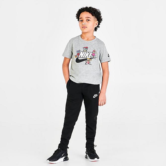 Front Three Quarter view of Boys' Little Kids' Nike Sportswear Tots Character T-Shirt in Heather Grey/Multi Click to zoom