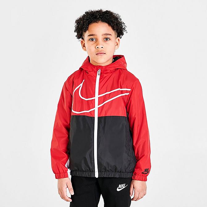 Front view of Boys' Little Kids' Nike Sportswear Swoosh Fleece Lined Jacket in University Red/Black/White Click to zoom