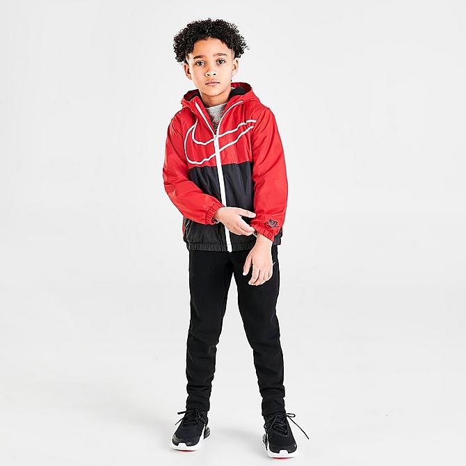 Front Three Quarter view of Boys' Little Kids' Nike Sportswear Swoosh Fleece Lined Jacket in University Red/Black/White Click to zoom