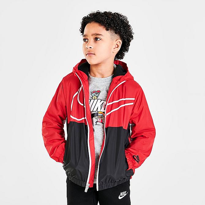 Back Left view of Boys' Little Kids' Nike Sportswear Swoosh Fleece Lined Jacket in University Red/Black/White Click to zoom
