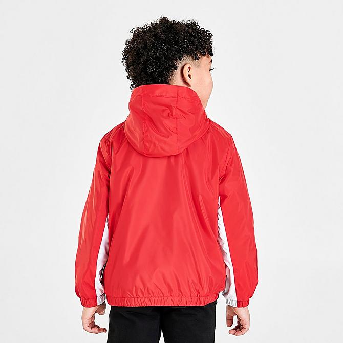 Back Right view of Boys' Little Kids' Nike Sportswear Swoosh Fleece Lined Jacket in University Red/Black/White Click to zoom