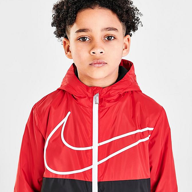 On Model 5 view of Boys' Little Kids' Nike Sportswear Swoosh Fleece Lined Jacket in University Red/Black/White Click to zoom