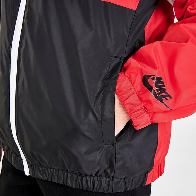 On Model 6 view of Boys' Little Kids' Nike Sportswear Swoosh Fleece Lined Jacket in University Red/Black/White Click to zoom