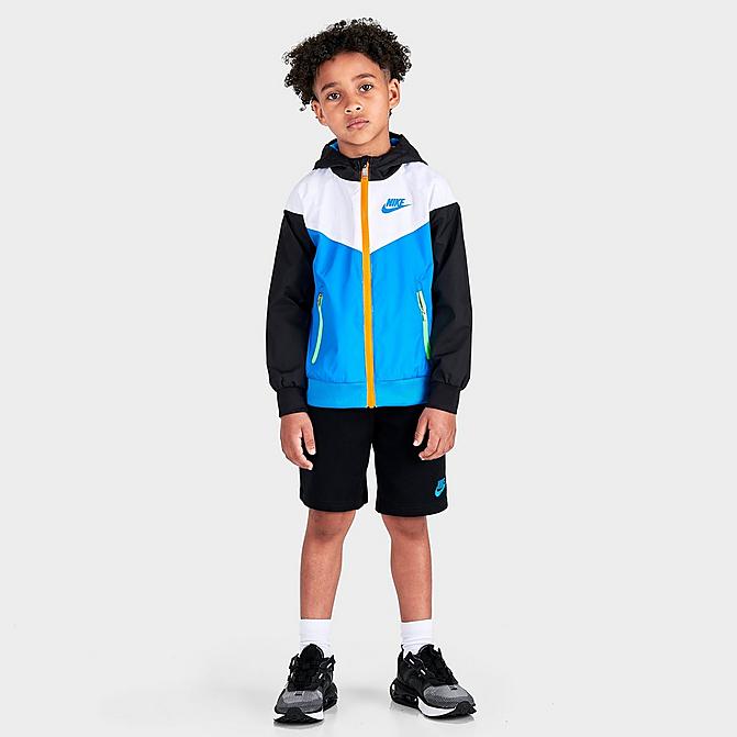 Front view of Little Kids' Nike Thrill Seeker Windrunner Jacket and Shorts Set in Photo Blue/Black/Total Orange/Green Click to zoom