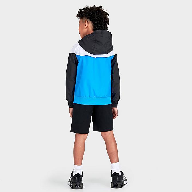 Front Three Quarter view of Little Kids' Nike Thrill Seeker Windrunner Jacket and Shorts Set in Photo Blue/Black/Total Orange/Green Click to zoom