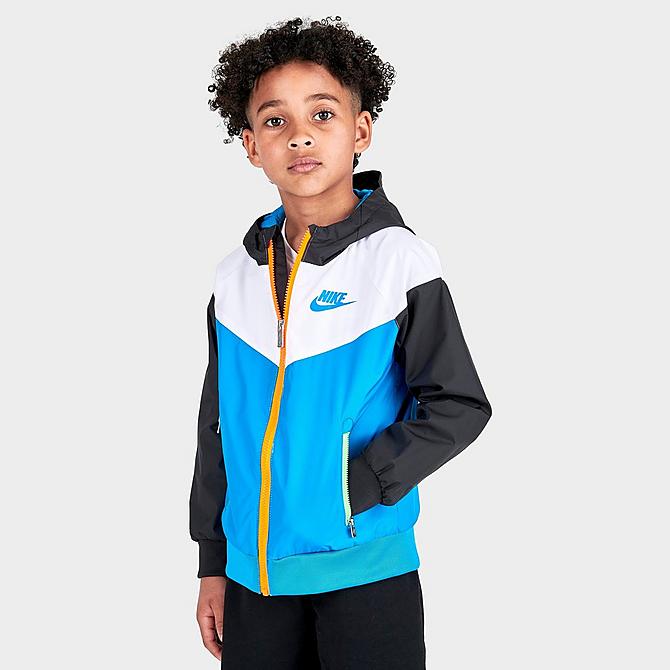 Back Left view of Little Kids' Nike Thrill Seeker Windrunner Jacket and Shorts Set in Photo Blue/Black/Total Orange/Green Click to zoom