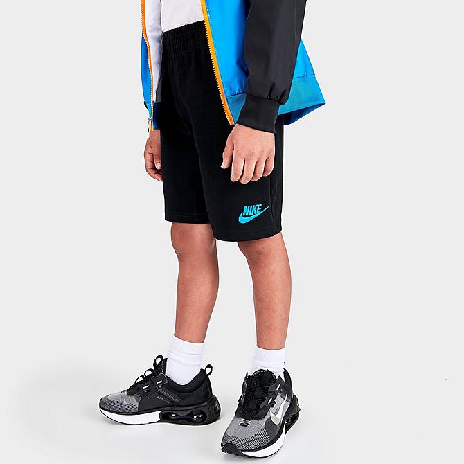 Back Right view of Little Kids' Nike Thrill Seeker Windrunner Jacket and Shorts Set in Photo Blue/Black/Total Orange/Green Click to zoom