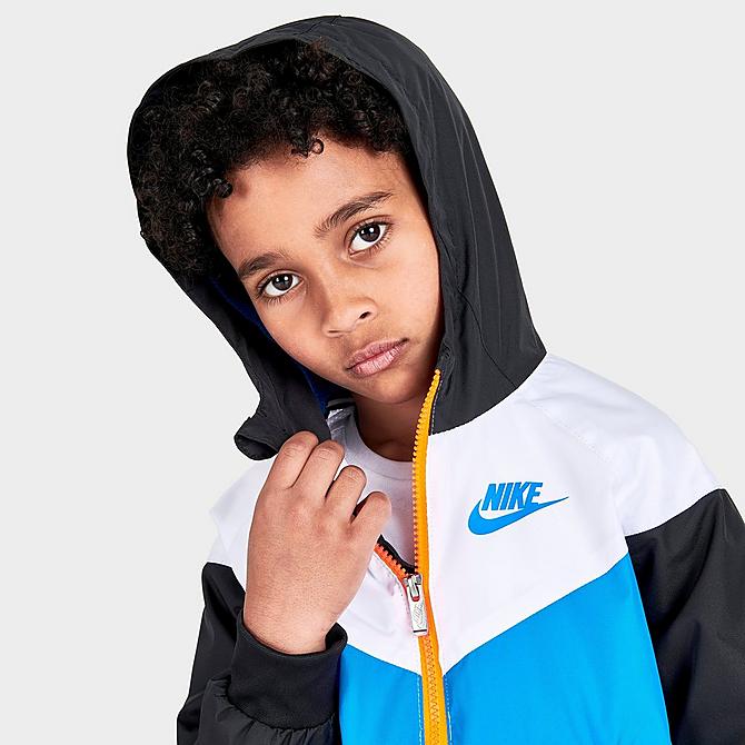On Model 5 view of Little Kids' Nike Thrill Seeker Windrunner Jacket and Shorts Set in Photo Blue/Black/Total Orange/Green Click to zoom