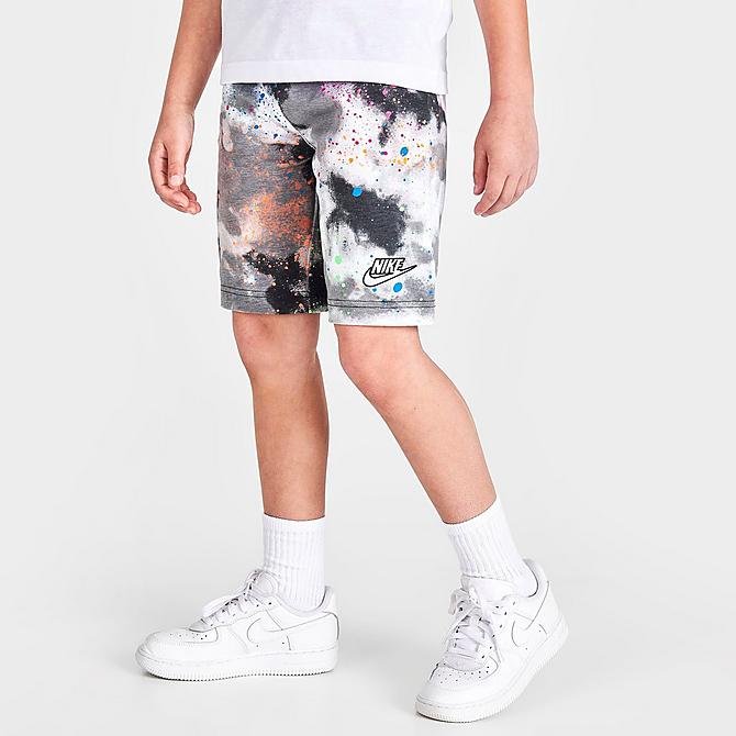 Back Right view of Boys' Little Kids' Nike Tie-Dye Futura T-Shirt and Shorts Set in Black/White Click to zoom