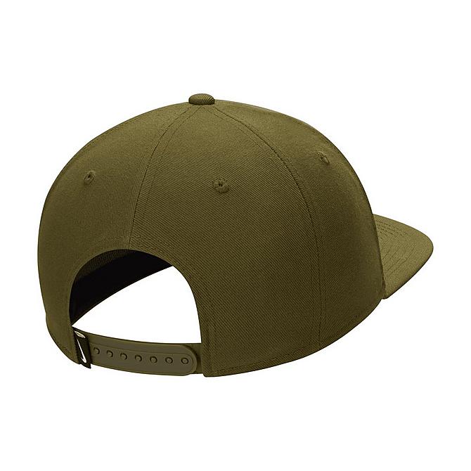 Three Quarter view of Unisex Nike Pro Futura Snapback Hat in Rough Green/Black/Sequoia Click to zoom