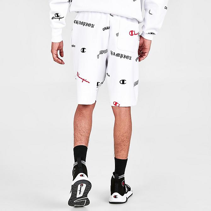 Back Right view of Men's Champion Reverse Weave All-Over Print Cut-Off Shorts in White Click to zoom