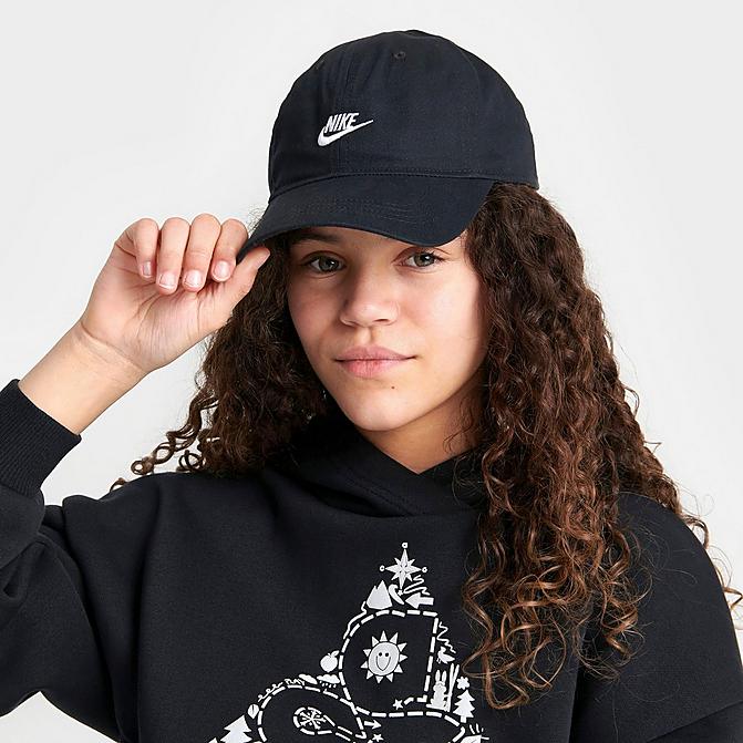 Right view of Kids' Nike Sportswear Heritage86 Futura Adjustable Hook-and-Loop Closure Hat in Black/White Click to zoom