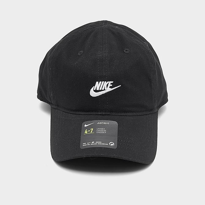Three Quarter view of Kids' Nike Sportswear Heritage86 Futura Adjustable Hook-and-Loop Closure Hat in Black/White Click to zoom