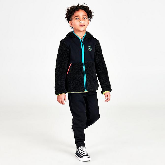 Front view of Boys' Little Kids' Converse All Star Sherpa Full-Zip Jacket and Jogger Pants Set in Black/Rapid Teal/Lemon Twist/Poppy Click to zoom