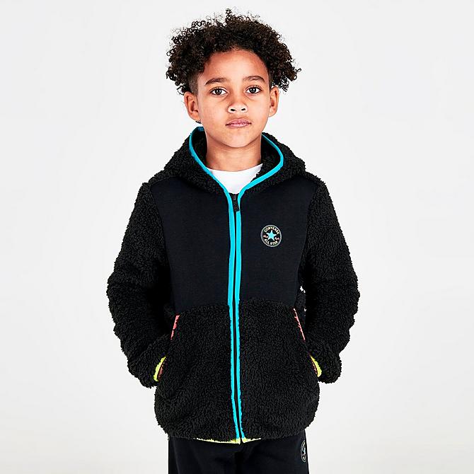 Front Three Quarter view of Boys' Little Kids' Converse All Star Sherpa Full-Zip Jacket and Jogger Pants Set in Black/Rapid Teal/Lemon Twist/Poppy Click to zoom