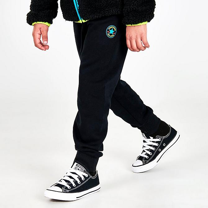 Back Left view of Boys' Little Kids' Converse All Star Sherpa Full-Zip Jacket and Jogger Pants Set in Black/Rapid Teal/Lemon Twist/Poppy Click to zoom