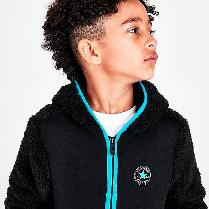 Back Right view of Boys' Little Kids' Converse All Star Sherpa Full-Zip Jacket and Jogger Pants Set in Black/Rapid Teal/Lemon Twist/Poppy Click to zoom
