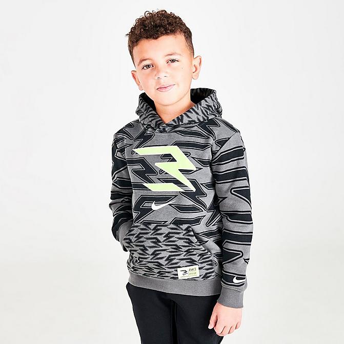 Front view of Boys' Little Kids' Nike RW3 Signature Hoodie in Iron Grey/Volt Click to zoom