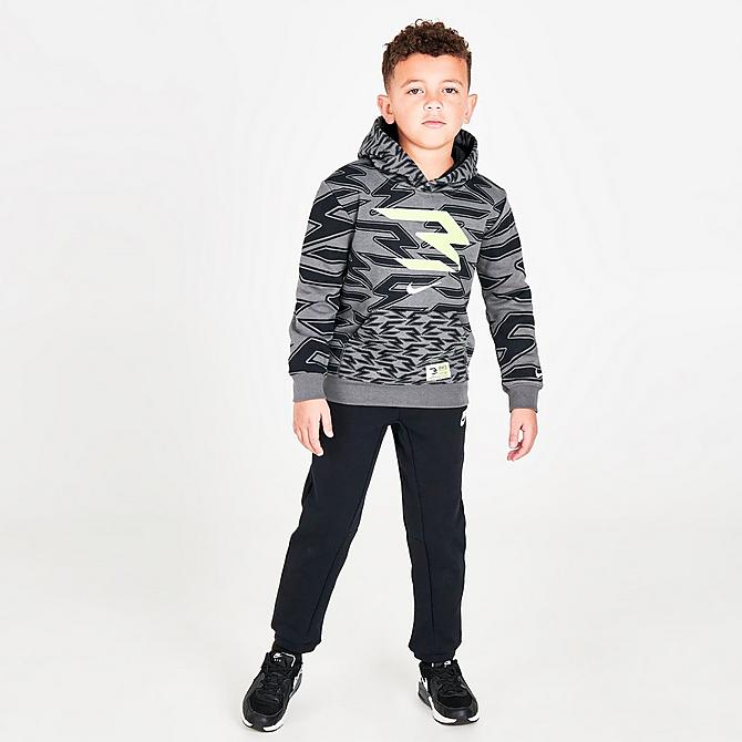 Front Three Quarter view of Boys' Little Kids' Nike RW3 Signature Hoodie in Iron Grey/Volt Click to zoom