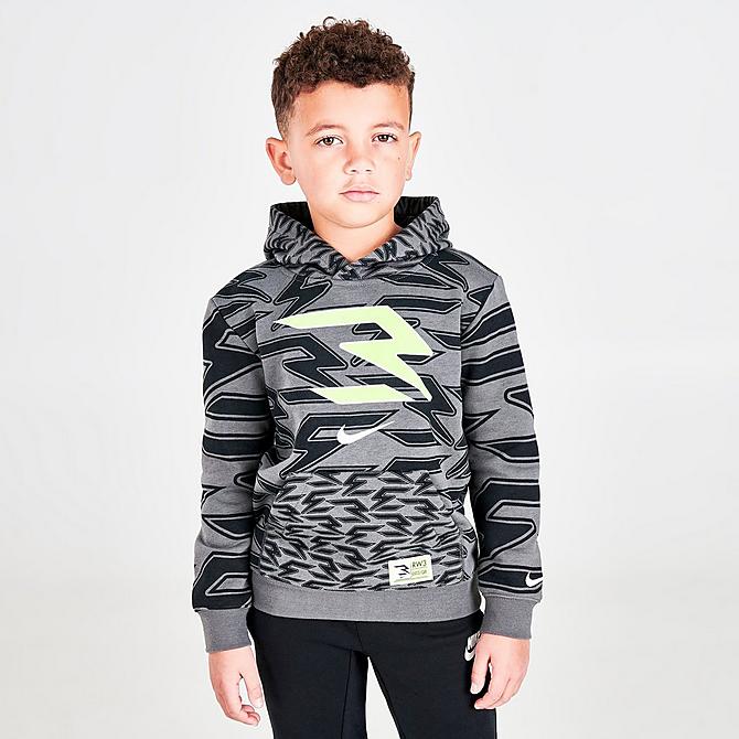 Back Left view of Boys' Little Kids' Nike RW3 Signature Hoodie in Iron Grey/Volt Click to zoom