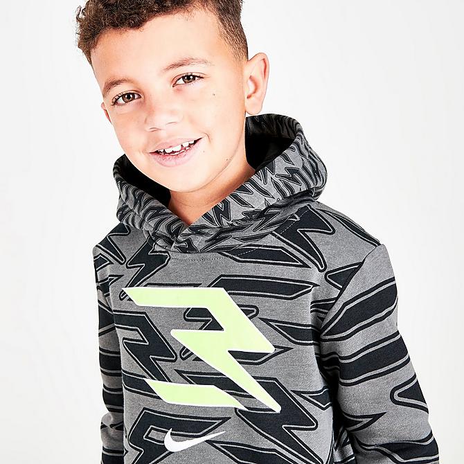 On Model 5 view of Boys' Little Kids' Nike RW3 Signature Hoodie in Iron Grey/Volt Click to zoom