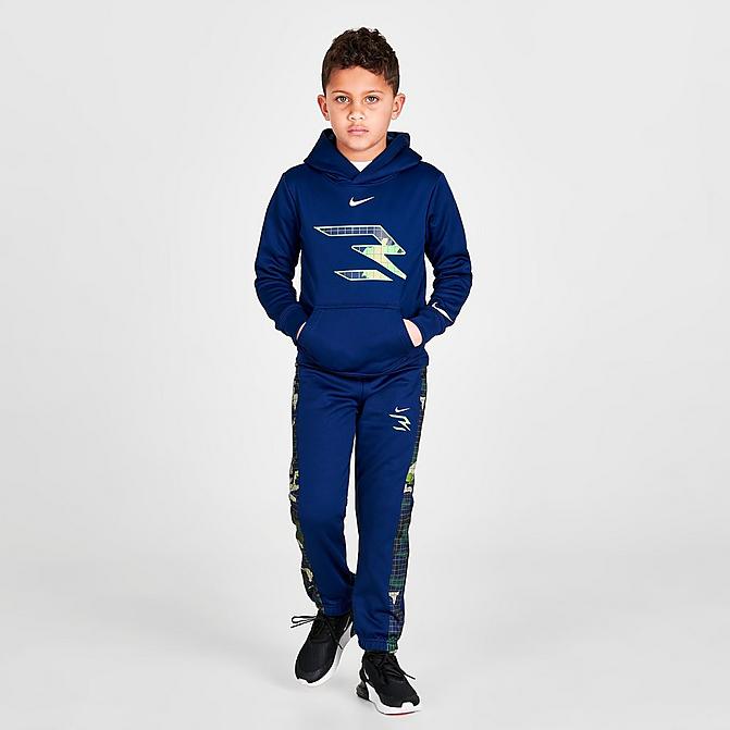 Front view of Boys' Little Kids' Nike Therma-FIT RW3 Hoodie and Jogger Pants Set in Blue Void/Green Strike/Blue Camo Click to zoom