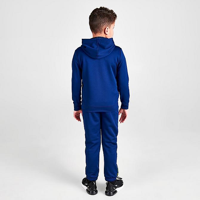 Front Three Quarter view of Boys' Little Kids' Nike Therma-FIT RW3 Hoodie and Jogger Pants Set in Blue Void/Green Strike/Blue Camo Click to zoom