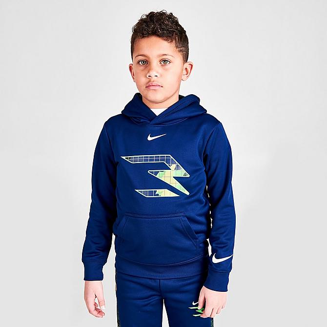 Back Left view of Boys' Little Kids' Nike Therma-FIT RW3 Hoodie and Jogger Pants Set in Blue Void/Green Strike/Blue Camo Click to zoom