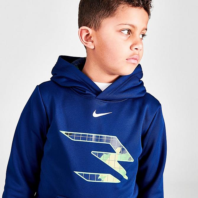 On Model 5 view of Boys' Little Kids' Nike Therma-FIT RW3 Hoodie and Jogger Pants Set in Blue Void/Green Strike/Blue Camo Click to zoom
