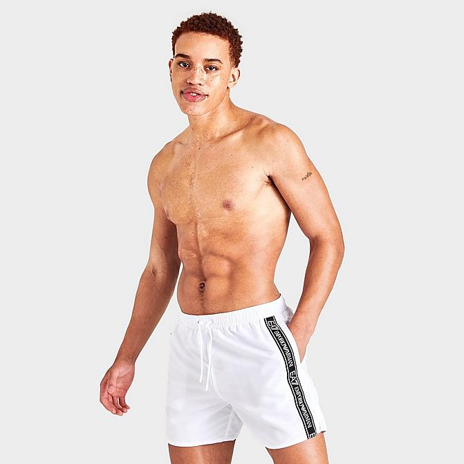 Front view of Men's Emporio Armani EA7 Taped Swim Shorts in White Click to zoom