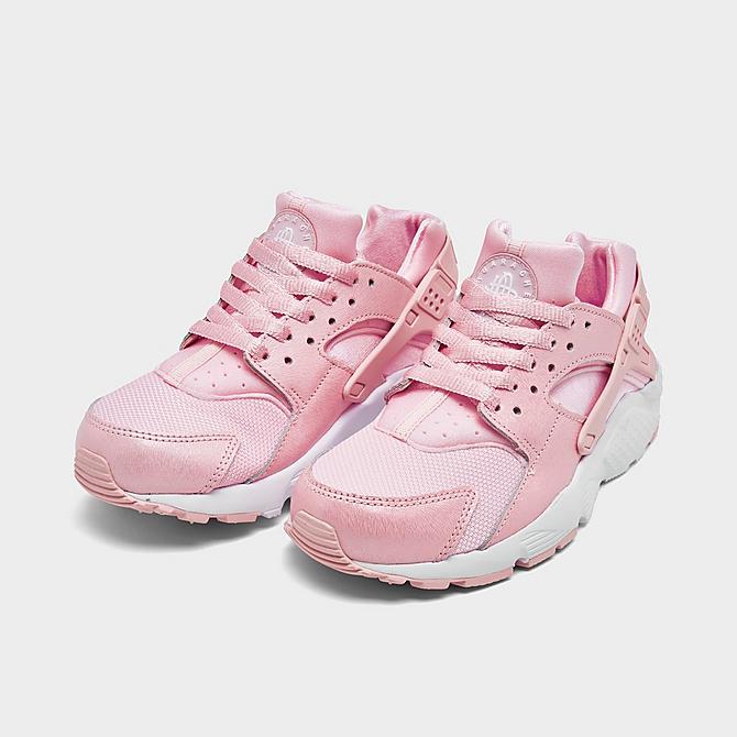 Three Quarter view of Girls' Big Kids' Nike Air Huarache Run SE Casual Shoes in Prism Pink/White Click to zoom