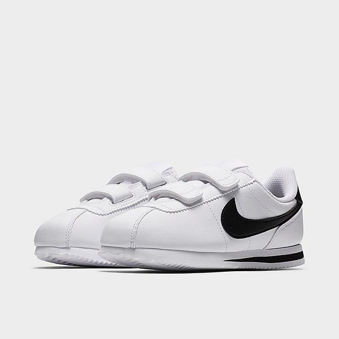 Three Quarter view of Boys' Little Kids' Nike Cortez Basic SL Casual Shoes in White/Black Click to zoom