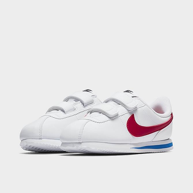 Three Quarter view of Boys' Little Kids' Nike Cortez Basic SL Casual Shoes in White/Varsity Royal/Black/Varsity Red Click to zoom