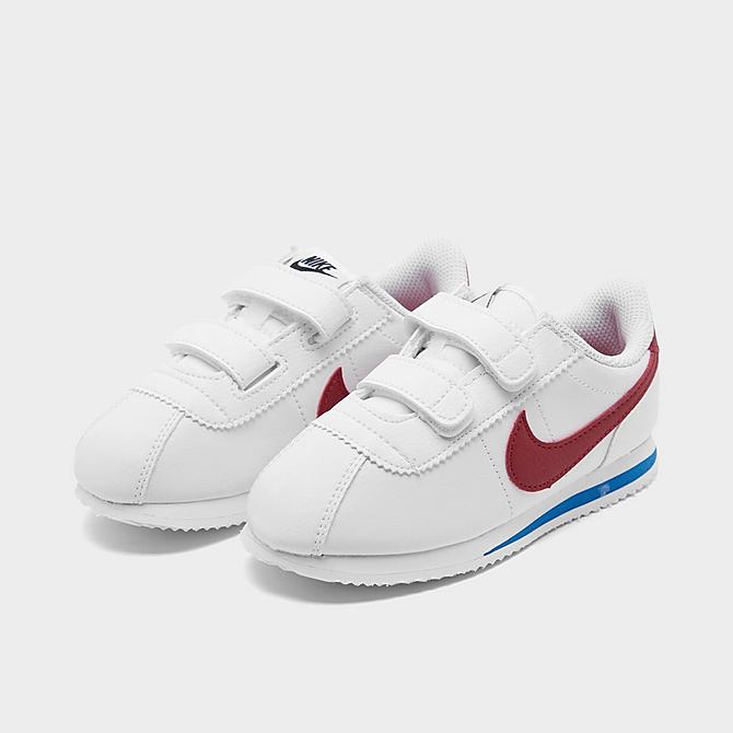 Three Quarter view of Boys' Toddler Nike Cortez Basic SL Hook-and-Loop Casual Shoes in White/Varsity Red/Varsity Royal/Black Click to zoom