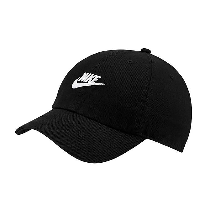 Three Quarter view of Nike Sportswear Heritage86 Futura Washed Adjustable Back Hat in Black/White Click to zoom