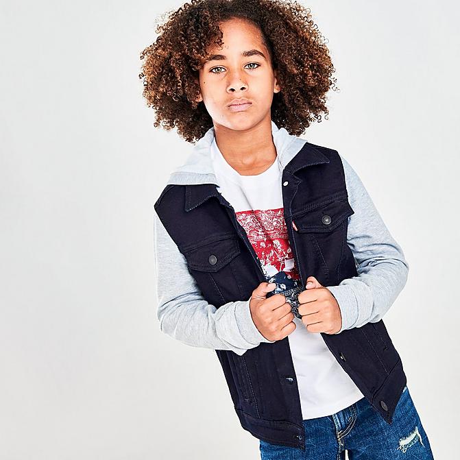 Front view of Boys' Levi's® Hooded Hybrid Knit Denim Trucker Jacket in Black Rinse Click to zoom