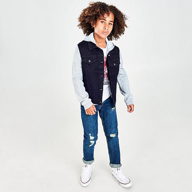 Front Three Quarter view of Boys' Levi's® Hooded Hybrid Knit Denim Trucker Jacket in Black Rinse Click to zoom